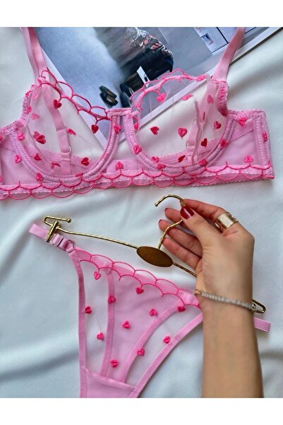 DİA SENSE Pembe Kalp Nakışlı Transparan Bralet Sütyen & Tanga Takımı
