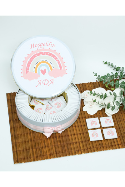 BUGİTO 80 Adet Pembe Gökkuşağı Temalı İsme Özel Hoşgeldin Kız Bebek Doğum Gün...