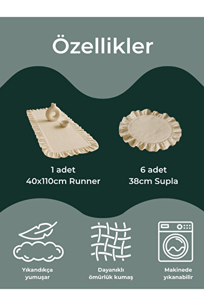 Rufle Eko | 7 Parça Sofra Sunum Seti - 1 adet Fırfırlı Runner - 6 adet Fırfırlı Supla Amerikan Servisi
