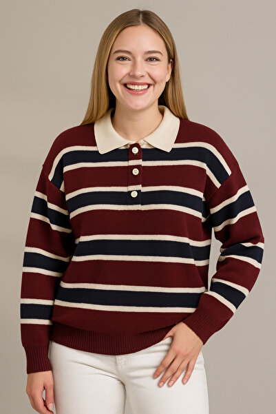 luvia34 Women's Sweater Buttoned Polo Neck Striped Oversize Knitwear Sweater