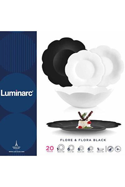 AVYRA Luminarc Flore & Flora Dinnerware Set, 20 Pieces, Black and White, Resistant Opal Glass
