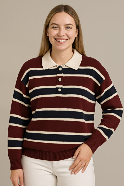 luvia34 Women's Sweater Buttoned Polo Neck Striped Oversize Knitwear Sweater