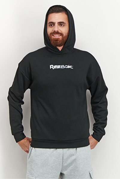 Reebok سويت شيرت رجالي رياضي بغطاء رأس رأس وأكمام طويلة ورسومات جرافيكية، أسود