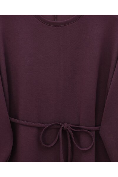 Modamorfo Round Neck Belted Long Combed Cotton Dress - Plum