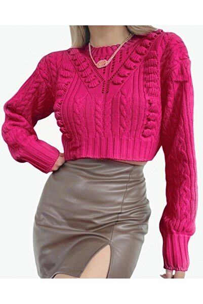 Modamorfo Embossed Patterned Lace-Like Knit Knitwear Sweater -Fuchsia