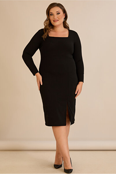 FOR ESRA BIG TREND Women's Plus Size Square Neck Front Slit Long Sleeve Stretchy Midi Length Crepe Woven Dress