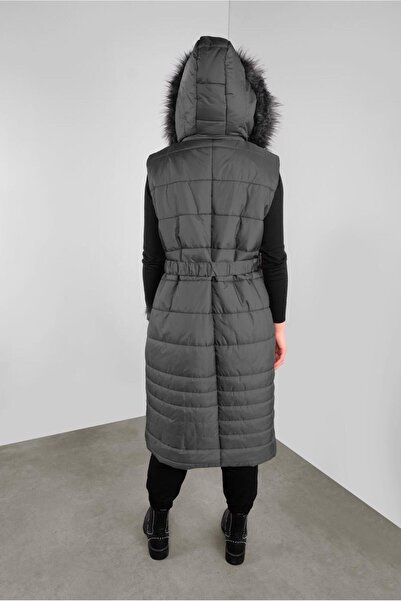 TRENDTESETTÜR Women's Gray (Smoked) Belted Ka Hooded Knitted Vest 90121