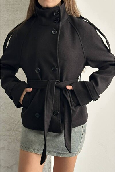 gm giyimarket Palton guler ridicat Kaşe pentru femei, cu curea, buzunare și l...