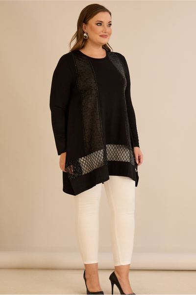 FOR ESRA BIG TREND Women's Plus Size Edges Leather-Look Stone Detail Bottom Silvery Tulle Flexible Viscose Asymmetrical Tunic