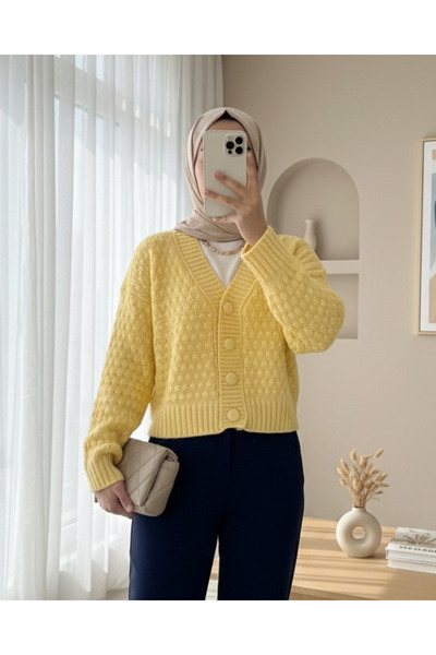 Modamorfo Embossed Knitted Buttoned Sweater Cardigan - Light Yellow