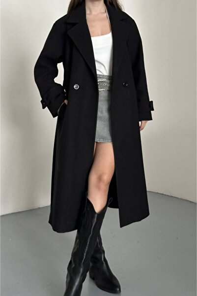 gm giyimarket Women's Knee-Length Cashmere Coat with Pockets and Belted Waist