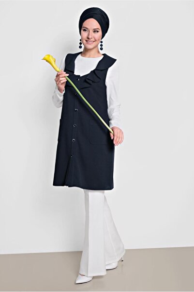 TRENDTESETTÜR WOMEN'S NAVY BLUE COLLAR FLUFFY VEST T 4184