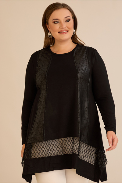 FOR ESRA BIG TREND Women's Plus Size Edges Leather-Look Stone Detail Bottom Silvery Tulle Flexible Viscose Asymmetrical Tunic