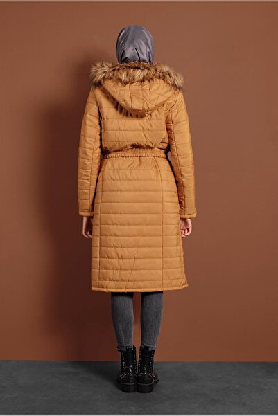 TRENDTESETTÜR Women's Yellow (Safran) Hooded Puffy Coat 3006