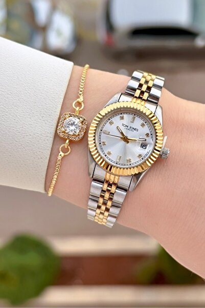 Tom Jones Altın Metalik Renk 2 Yıl Garantili 25 Mm Kadın Kol Saati ve Bileklik