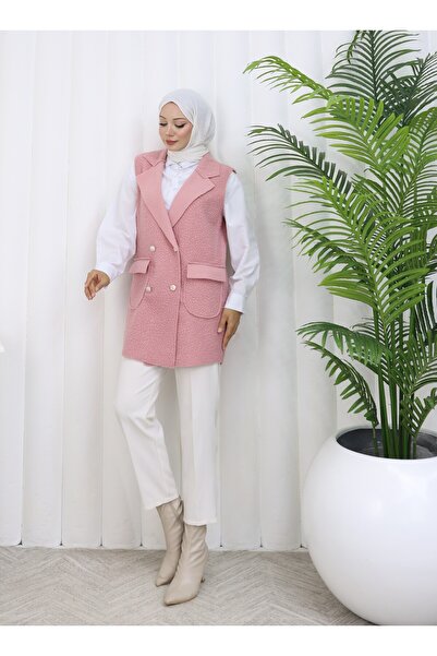 MİSS M.A.T FASHİON Bucket Pon Pon Fabric with Pocket Cover Crossbody Collar 4 Button Vest