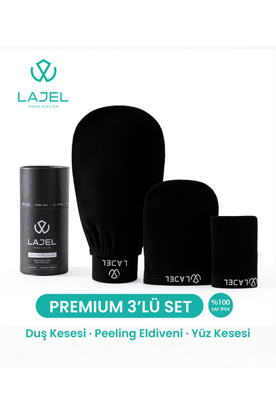 Lajel Premium Siyah 3'lü Kese Seti, Peeling Eldiveni, Yüz Kesesi Floş Ipek No...