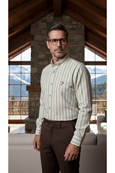 MEGALDİ Erkek Slim Fit Kesim Yeşil Bej Likralı Gofre Desenli Çizgili Uzun Kol...
