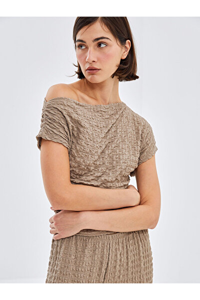 LC Waikiki Brown Boat Neck Textured Women's Blouse