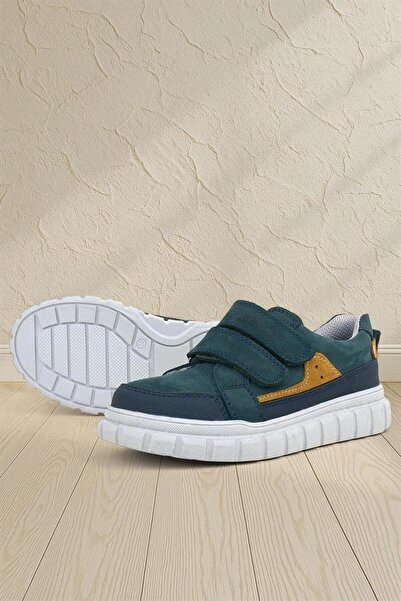 Rakerplus حذاء رياضي للأطفال من الجلد الطبيعي باللون الأخضر الداكن - حذاء مدر...