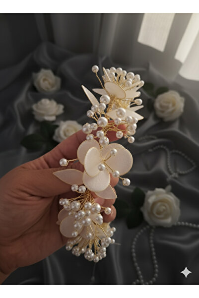 Mirnova Çiçek Model Gold Detaylı İncili Gelin Tacı - Saç Aksesuarı