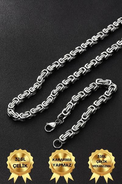 TREND COLLECTİON Erkek Gümüş Çelik 5 Mm Kral Model Kolye Bileklik Set
