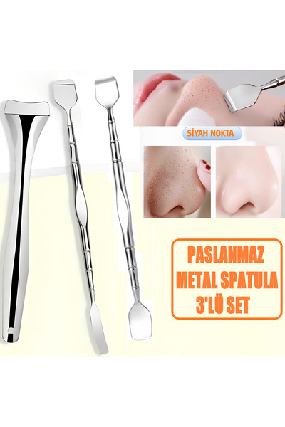 SİNKA Metal Akne Siyah Nokta Kazıyıcı Spatula Çift İşlev 3'Lü Set Bir Arada