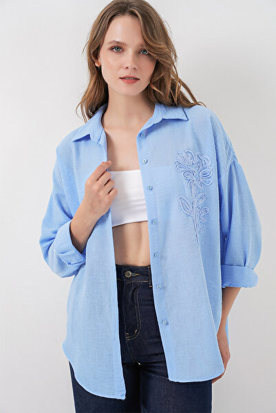 Bigdart Women's Embroidered Oversize Shirt 20338 - Blue
