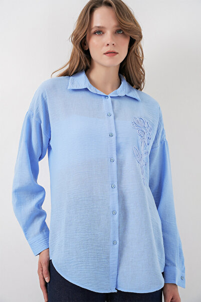Bigdart Women's Embroidered Oversize Shirt 20338 - Blue