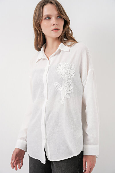 Bigdart Women's Embroidered Oversize Shirt 20338 - White