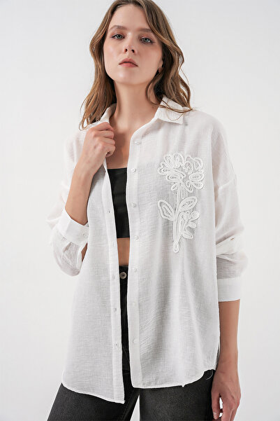 Bigdart Women's Embroidered Oversize Shirt 20338 - White