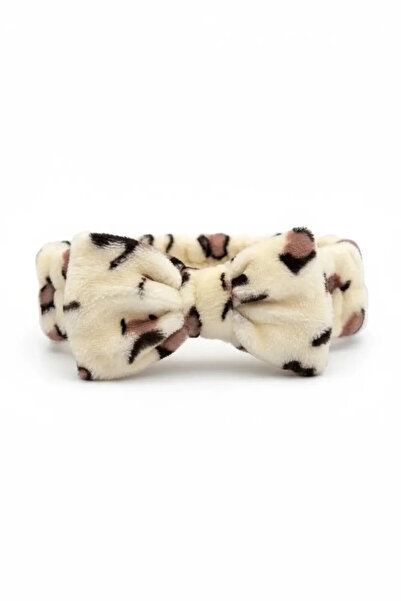 Vitastyle Cream Color Leopard Printed Ribbon Figured Plush Spa Hair Band