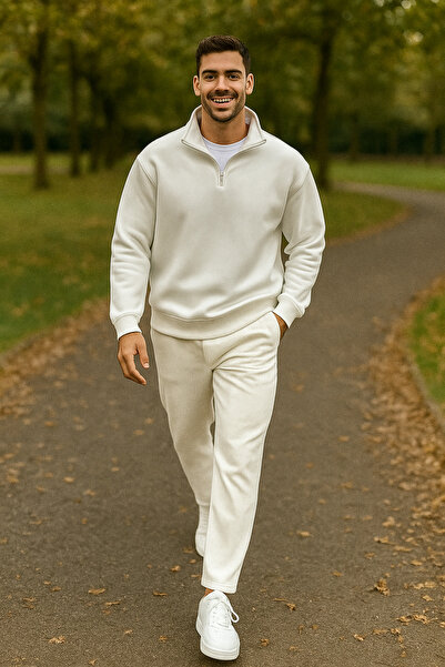 tetramoda Three Thread Plain D Mock Neck Half Zipper Sweat and Ottoman Fabric Pants Set of 2