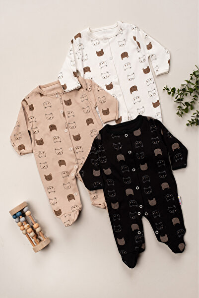 DEFNE LİNA BABY Erkek Bebek Kıyafeti Animal Desenli Patikli 3lü Tulum Set Pam...