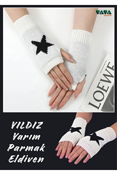 TATA CRAFT Yıldız Tasarım Parmaksız Örgü Kesik Eldiven Sokak Giyim Moda Tarz
