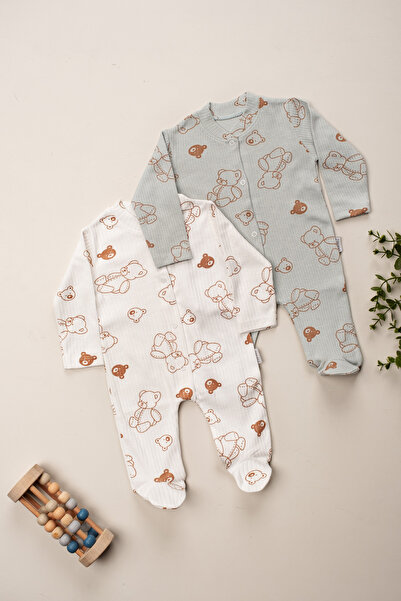 ENİA BABY طقم رومبير كاكي بيبي بوي تيدي بير منقوش مكون من قطعتين لحديثي الولادة