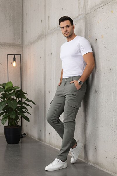 comstar Men's High Waist Stretchy Tight Khaki Pants with Cargo Pockets