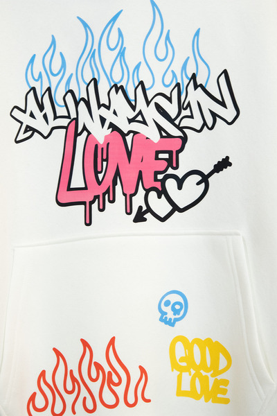 Sekizbiraltı Love Graffiti Printed Oversized Unisex White Hoodie