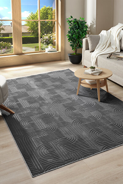 Raschel Carpet Bohem Emboss Premium Seri Kaymaz Taban Jel Taban Halı Yolluk Koyu Gri