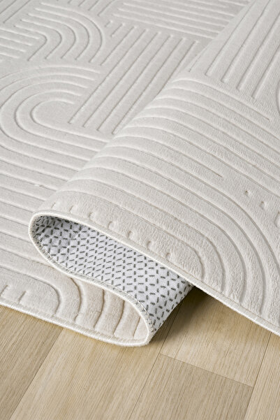 Raschel Carpet Bohem Emboss Premium Seri Kaymaz Taban Jel Taban Halı Yolluk Krem