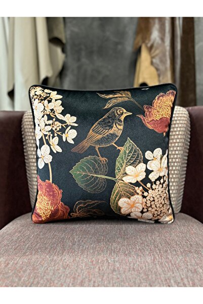 Fabricland غطاء وسادة أسود من الحرير المخملي المستورد بنمط الطيور 43×43 سم (نمط على الوجهين)