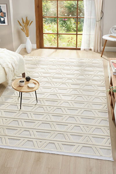 Raschel Carpet Premium Seri Bukle Krem Dokuma Makine Halısı Dekoratif Halı Yolluk RCSISAL2999A