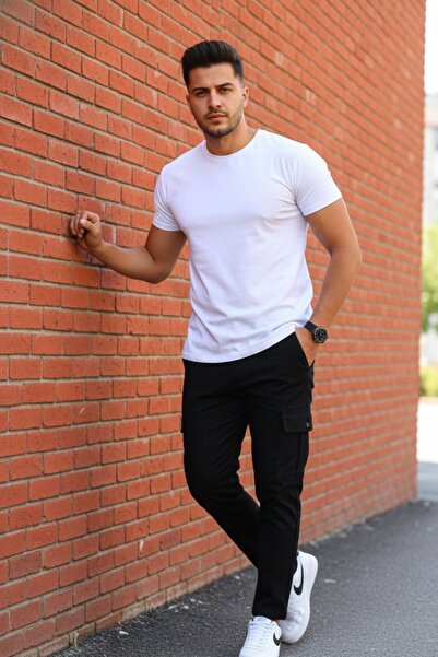 comstar Men's High Waist Cargo Pocket Stretchy Tight Black Trousers