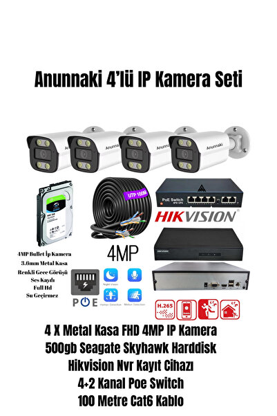 Anunnaki 4 MP IP Full HD Su Geçirmez Gece Görüşlü Ses Kayıtlı Metal Kasa 4 Lü...
