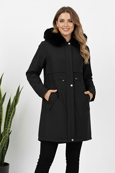 hiramir Kadın Kürk Kapüşonlu Astarlı Fermuarlı Siyah Kaban KS2546