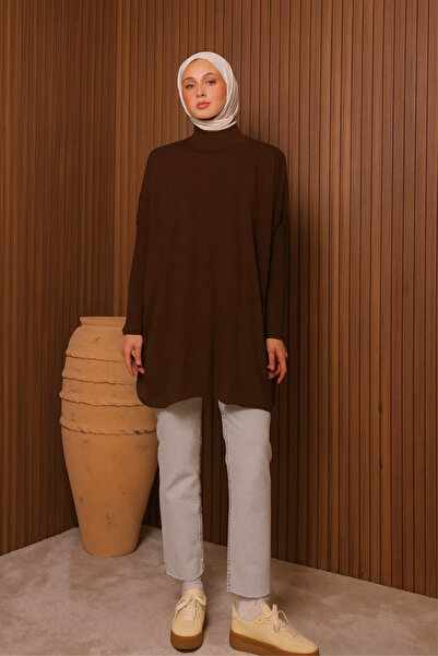 Mogi Butik Women's Mock Neck Basic 80cm Loose Oversized Knitwear Tunic 3132