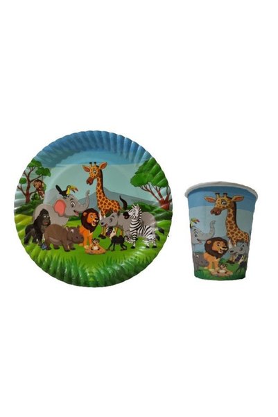 FOKUL Safari Cute Animals 16 Person Plate Cup Fork Set Birthday Party Supplies Concept
