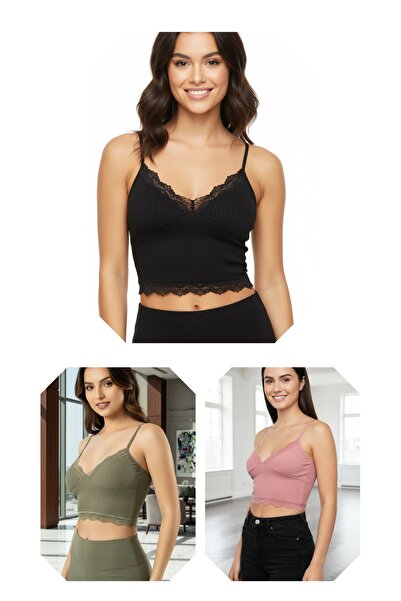 ACTRİS 3-комплектний комплект з корсетним бюстгальтером з мереживом і підкладкою (в комплекті 1- хакі-зелений, 1-рожевий, 1-чорний)