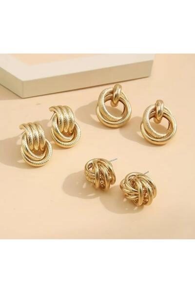 Marchen Collection Kadın 3 Çift Altın Renk Küpe Seti Çok Katmanlı Altın Çember Tasarımlı Küpe