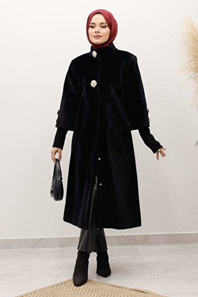 Tesettür Dünyası Angora Fox Coat with Sleeve Tip Knitwear Detail Tsd250246 Black